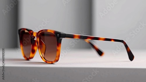 A pair of sunglasses with a brown frame and a brown tint. The sunglasses are sitting on a white surface