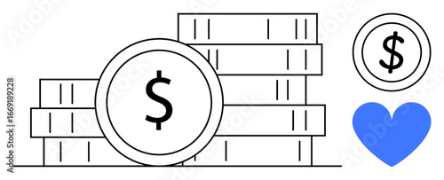 Stacked coins with a dollar sign coin and blue heart symbol. Ideal for finance, savings, wealth, investment, charity, donations, and commerce themes. Great for a simple landing page