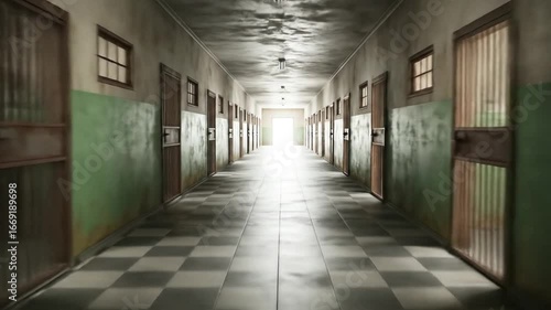 Wallpaper Mural An eerie, empty hallway with doors leading to a bright light. Torontodigital.ca