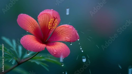 A pink flower with a droplet of water on it. The flower is the main focus of the image