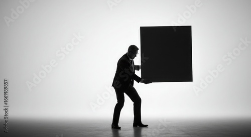 Silhouette of a man in a suit carrying a large black box against a white background.