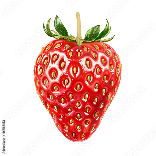 A vibrant, detailed illustration of a ripe strawberry with green leaves and seeds.