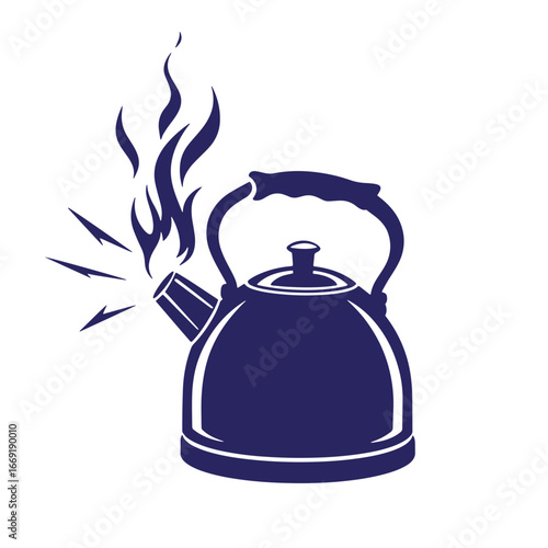 Simple illustration of a whistling teapot with steam and boiling water in dark blue