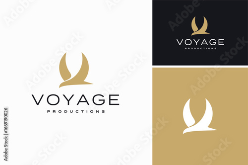 Initial Letter V Flying Bird Silhouette like Eagle Hawk Falcon Seagull logo design