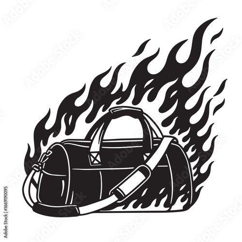 Stylish duffel bag surrounded by flames burning vector illustration in black and white