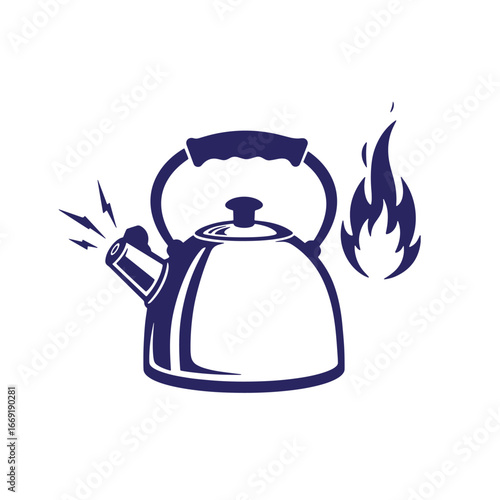 Simple stylized graphic of a whistling kettle on a stove being heated by flames