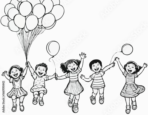 Childrens Day. Laughing children fly holding a bunch of balloons
