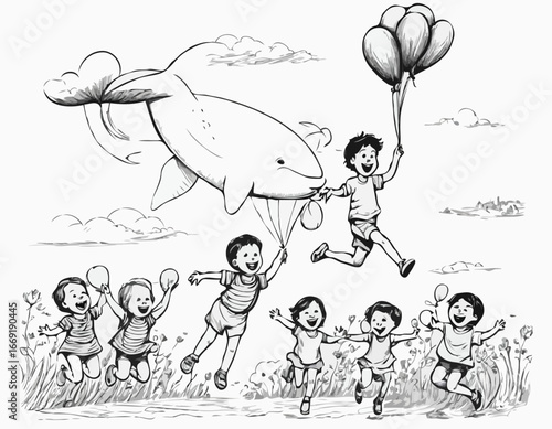 Childrens Day. Laughing children fly holding a bunch of balloons