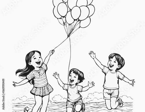 Childrens Day. Laughing children fly holding a bunch of balloons