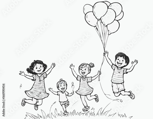 Childrens Day. Laughing children fly holding a bunch of balloons
