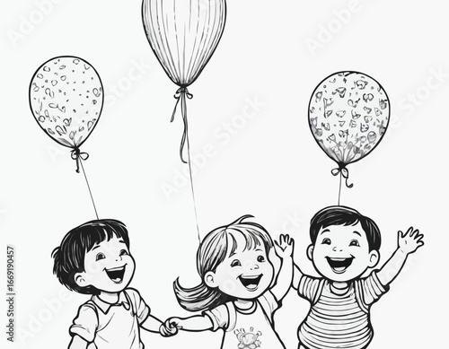 Childrens Day. Laughing children fly holding a bunch of balloons