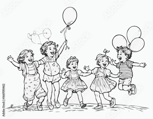 Childrens Day. Laughing children fly holding a bunch of balloons