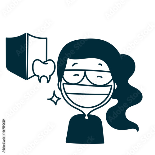cute girl showing big smile with teeth protection shield sign in doodle cartoon style