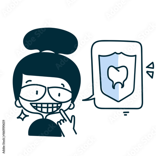 cute girl showing big smile with teeth protection shield sign in doodle cartoon style