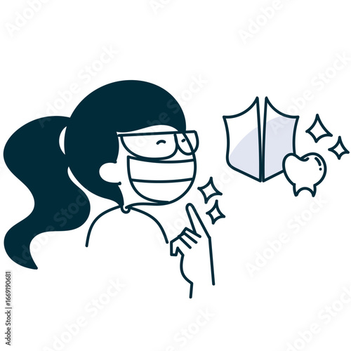 cute girl showing big smile with teeth protection shield sign in doodle cartoon style