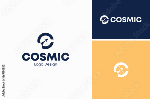 Initial Letter C with Jet Spacecraft and Planet or Moon Surface for Space logo design