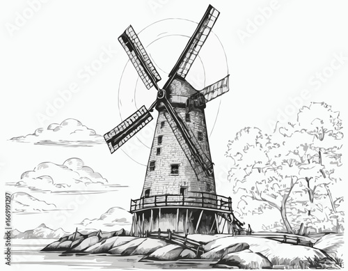 Windmill. Hand drawn vintage sketch