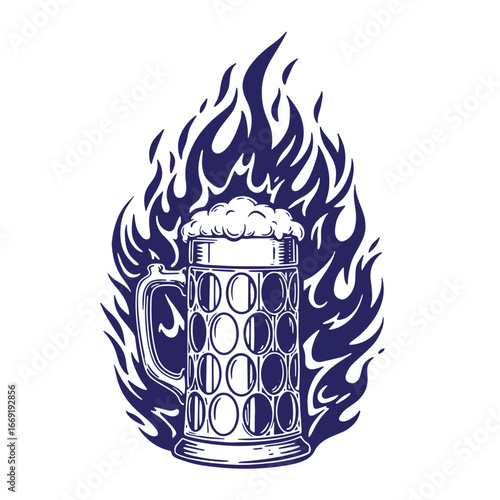 Vintage beer mug surrounded by flames illustration perfect for brewery or pub branding