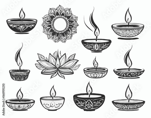 Diwali Diya sketch vector set.
