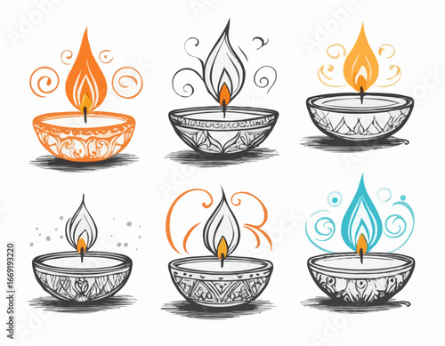 Diwali Diya sketch vector set.