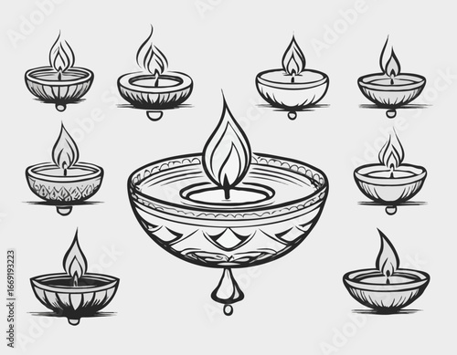 Diwali Diya sketch vector set.
