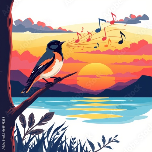 Vibrant Flat Design Bird Sunset Scene