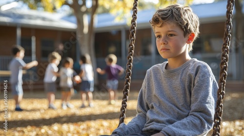 Wallpaper Mural A young boy sits alone on a swing, looking thoughtful and pensive on a sunny day at school. Torontodigital.ca