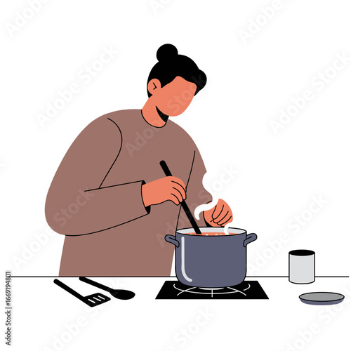 Person stirring a pot on the stove in a minimalist kitchen, creating a warm and inviting atmosphere for a homecooked meal.