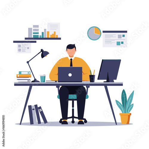 Man working on laptop at desk in modern office, surrounded by books and documents, creating a productive and focused atmosphere.