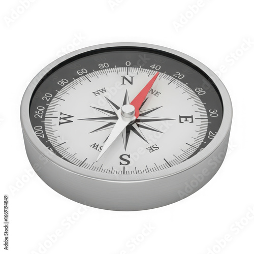 Free Download 3d icon of closeup view of a classic silver compass with a red needle pointing north isolated on transparent background - GFXLoad