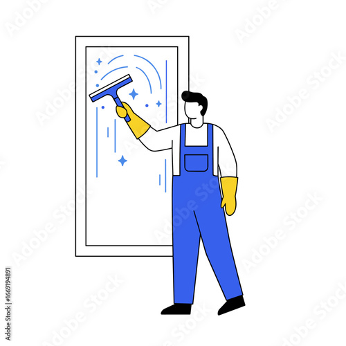 Man cleaning window with squeegee in blue uniform and yellow gloves, ensuring a spotless and gleaming surface with precision and care.