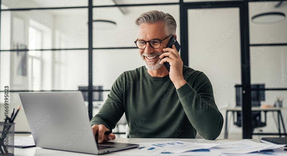 Naklejka premium Smiling businessman working on laptop and talking on phone