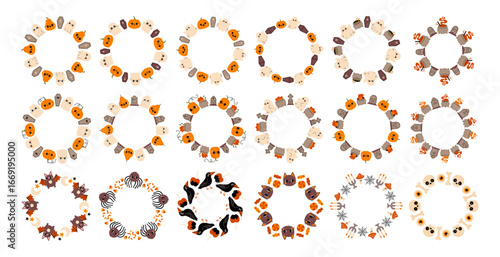 Simple Halloween circle frame set. Cute Halloween frame border collection on white background. The round vector design, perfect for spooky autumn decorations, banners, stickers, ads, sale.