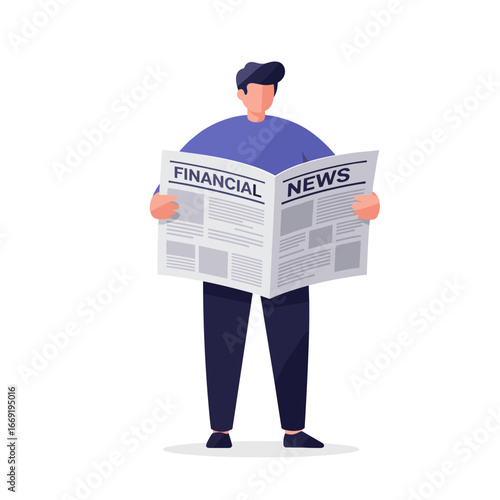 Man reading financial newspaper standing in simple white space, absorbing market information with focused attention, conveying knowledge and awareness.