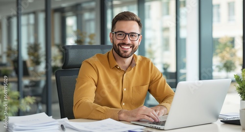 Smiling businessman working on laptop in modern office