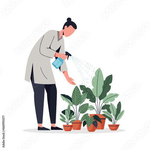 Woman sprays water on houseplants in her apartment, nurturing them with care and creating a peaceful, green indoor environment.