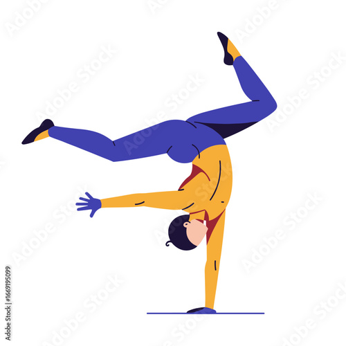 Gymnast performing handstand with leg raised in the air on a white surface demonstrating strength and flexibility with a focused and determined expression.