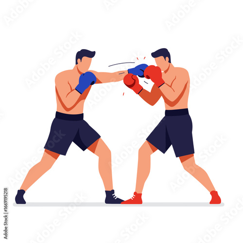 Two muscular boxers exchanging punches in a boxing ring, showcasing strength and agility during an intense match with determination.