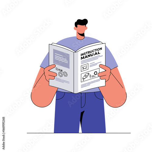Man reading instruction manual with diagrams at home, trying to understand assembly process with focused expression, conveying learning and understanding.