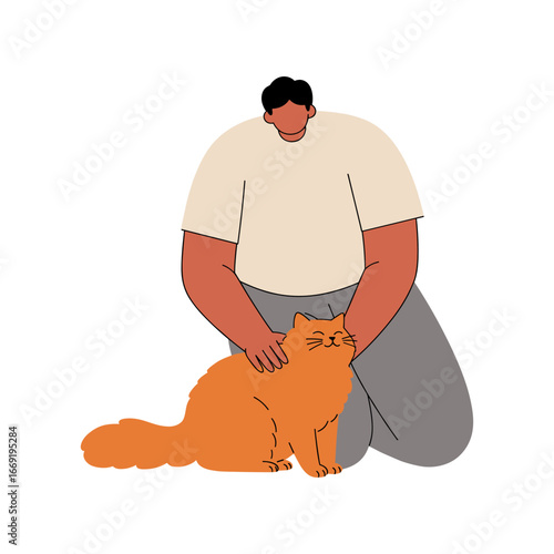 Man petting fluffy orange cat indoors, showing affection and care in a simple, minimalist style, creating a warm and comforting scene.