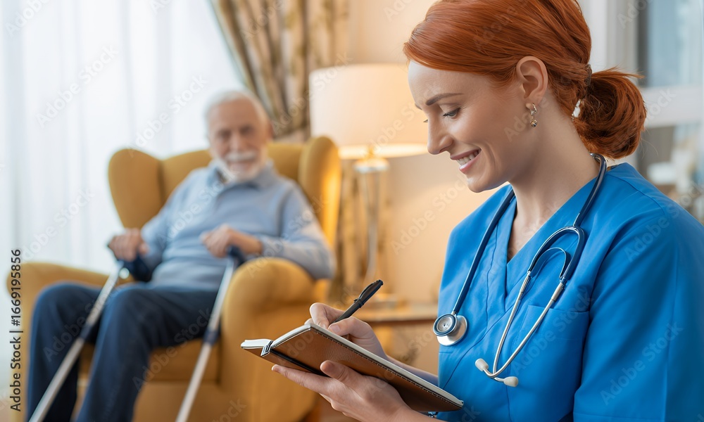Obraz premium Smiling healthcare worker writing notes, senior patient in background