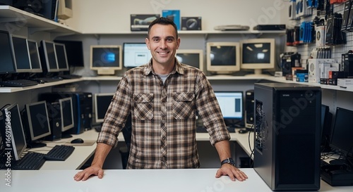 Smiling man in computer store, surrounded by computers and technology