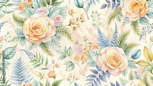 Elegant Watercolor Floral Pattern with Pastel Roses and Lush Greenery
