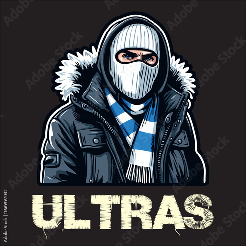 illustration vector graphic of Football fans ultras hooligan with blue white scarf design for logo, t-shirt, etc
