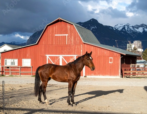 American quarter horse standing in front of red barn. 