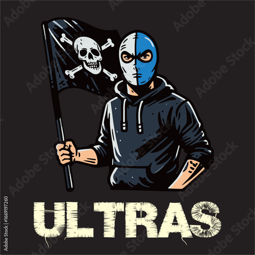illustration vector graphic of Football fans ultras hooligan with blue white scarf design for logo, t-shirt, etc
