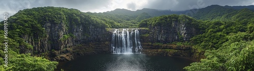 A stunning waterfall plunges into a peaceful pool, framed by vibrant green mountains.