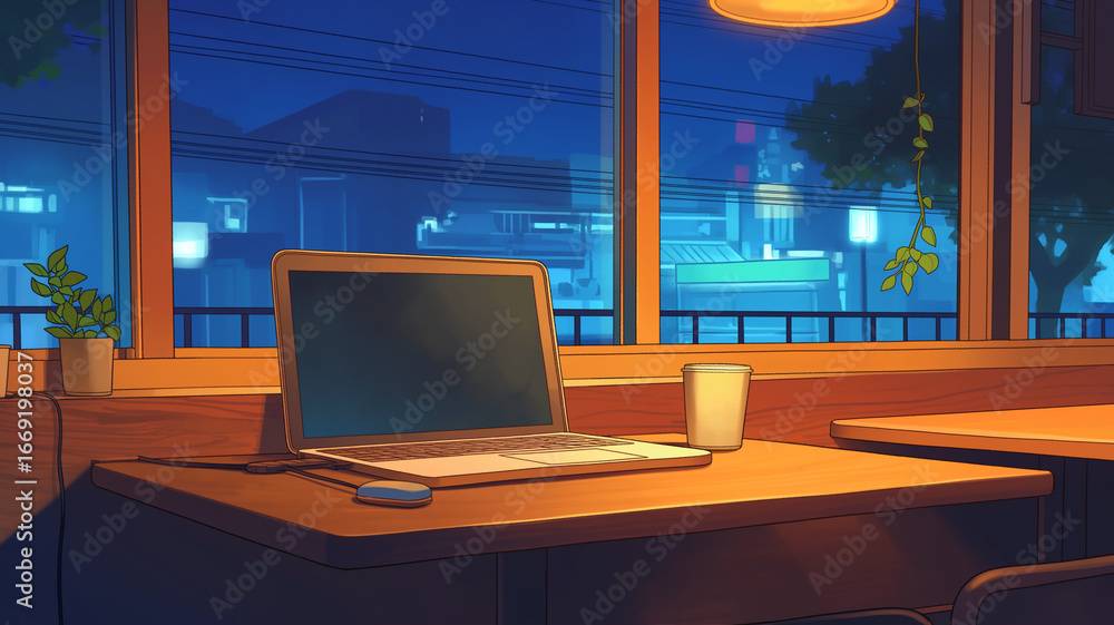 Fototapeta premium ノートパソコンが机の上で光を放つ無人のアニメイラスト。ノマドワークを象徴する静寂と自由な雰囲気を表現したイラスト素材。