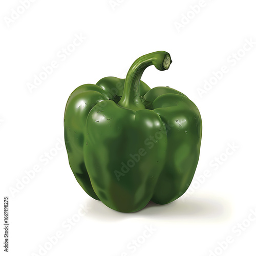 A single fresh green bell pepper with a glossy surface and a curved stem, isolated on a white background.