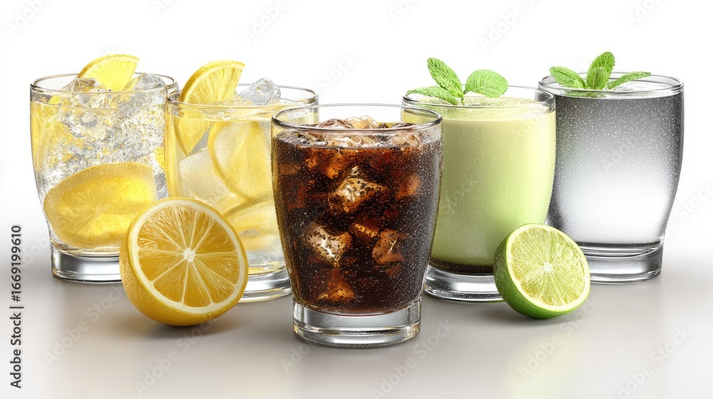 Fototapeta premium Assorted refreshing drinks in glasses with ice and fruit slices.